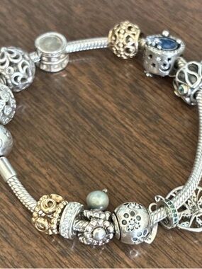 Rare Retired Pandora 7.5” Bracelet 14K Gold 585 ALE Sterling Silver Charms